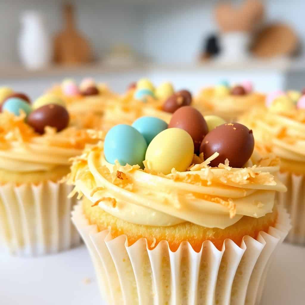 Coconut Easter nest cupcakes with pastel candy eggs and shredded coconut topping on white liners.
