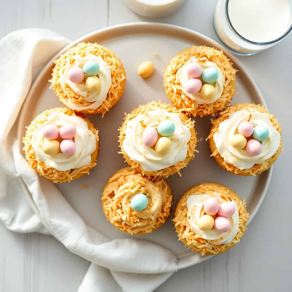 Coconut Easter nest cupcakes with white frosting and pastel candy eggs on a cream plate.