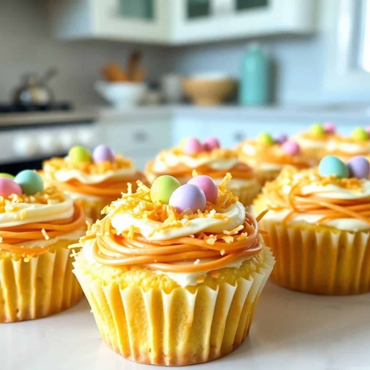Easter nest cupcakes with yellow frosting, coconut shreds, and pastel candy eggs on kitchen counter.