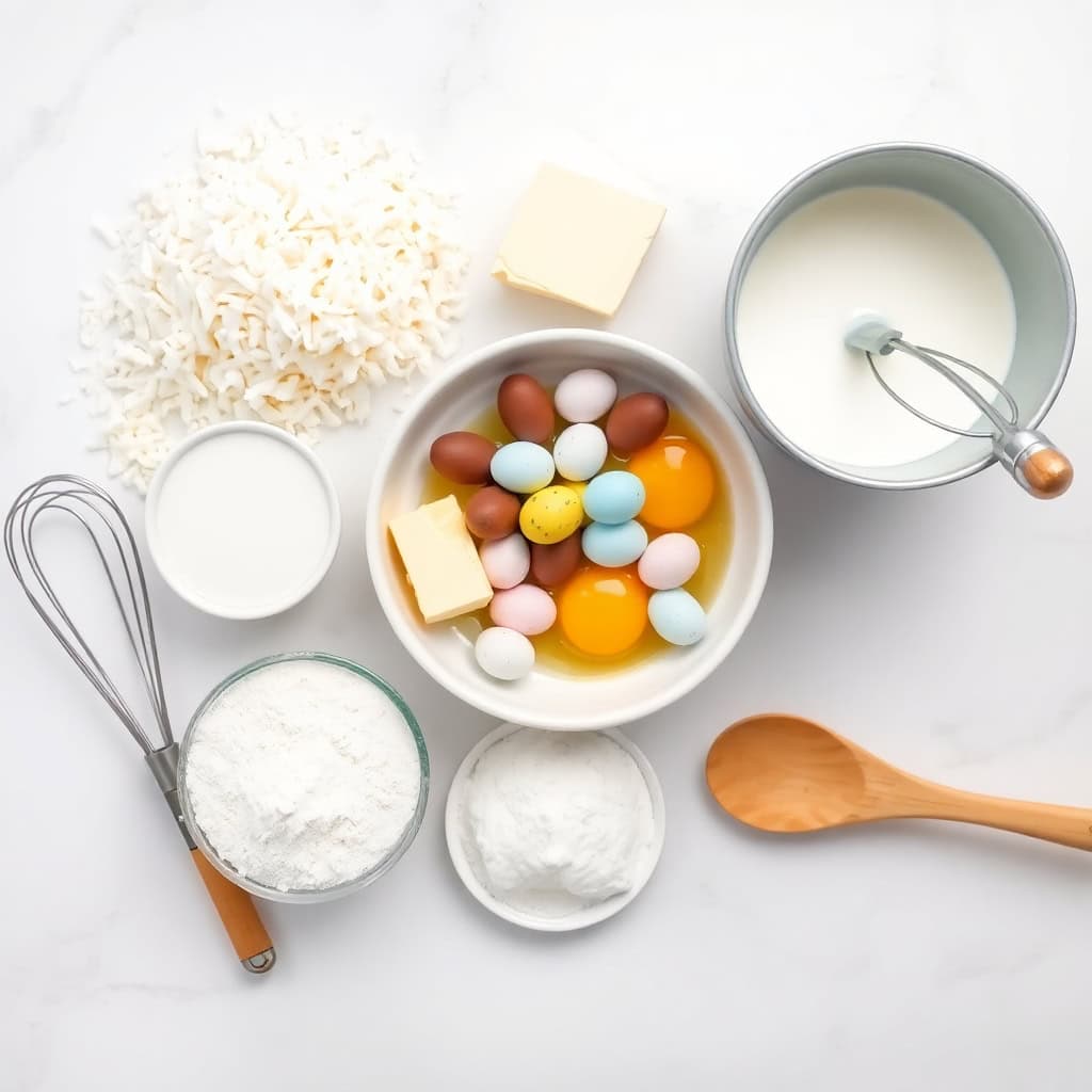 Ingredients for coconut Easter nest cupcakes: shredded coconut, eggs, butter, milk, flour, sugar, and colorful candy eggs.