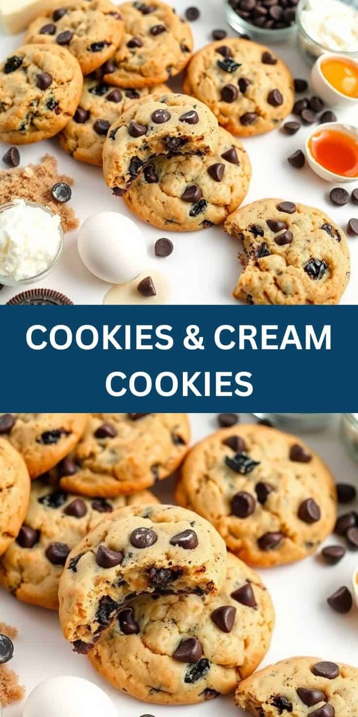 Cookies and cream cookies with chocolate chips arranged on white surface with ingredients nearby.