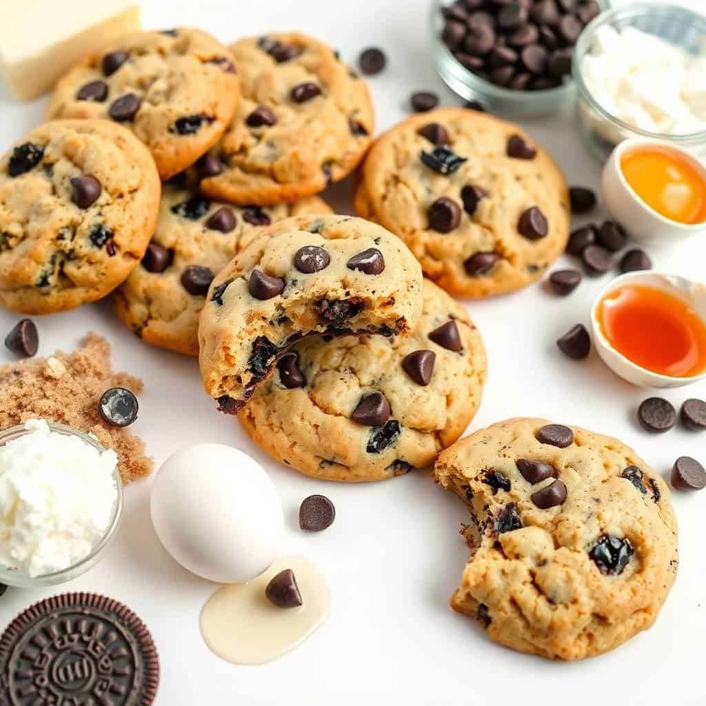 Cookies and cream cookies with chocolate chips arranged on white surface with ingredients.