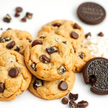 Cookies and cream cookies with chocolate chips and cookie crumbles on white surface.