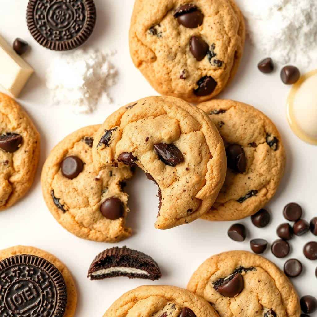 Cookies and cream cookies with chocolate chips scattered on white surface, one broken in half.