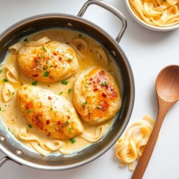 Creamy chicken breasts with fettuccine pasta in a stainless steel pan, garnished with parsley and red pepper flakes.