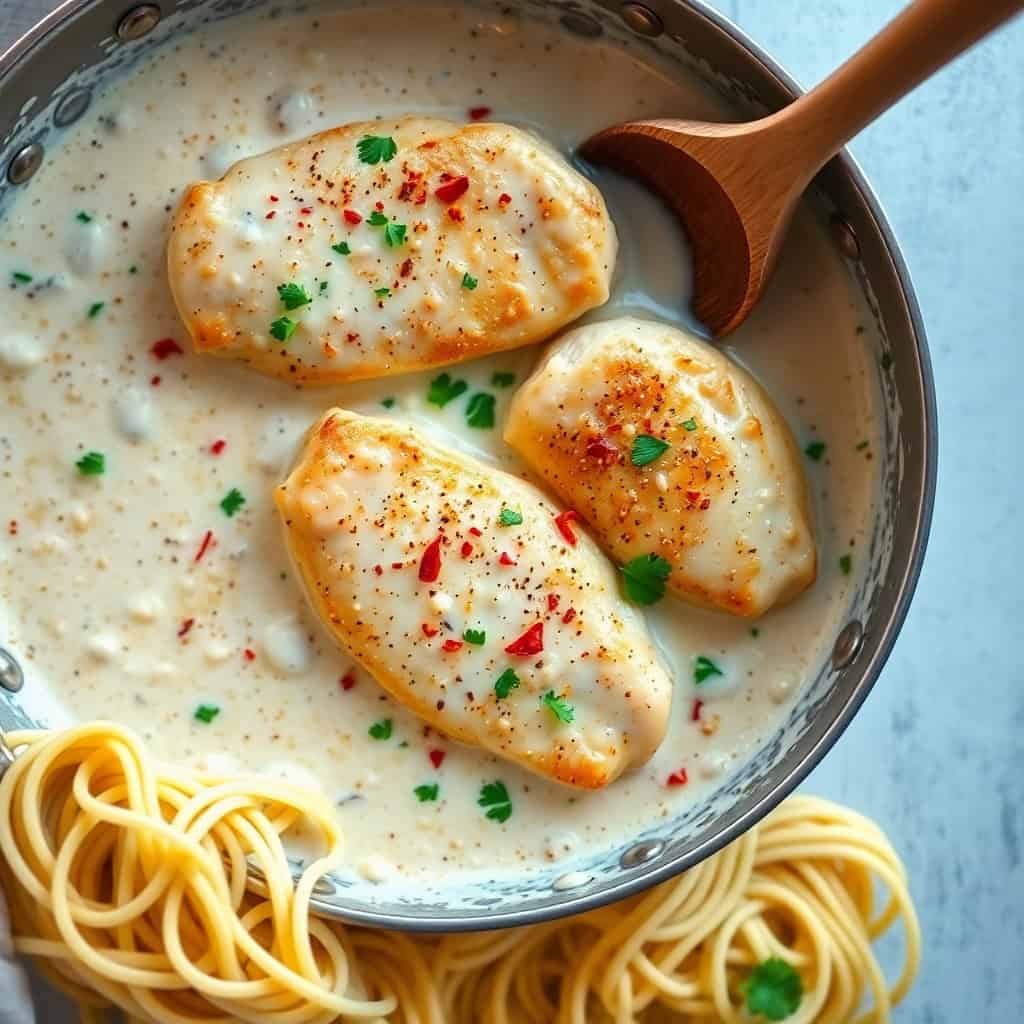 Cream cheese chicken breasts in creamy sauce with red pepper flakes and parsley garnish, served with pasta.