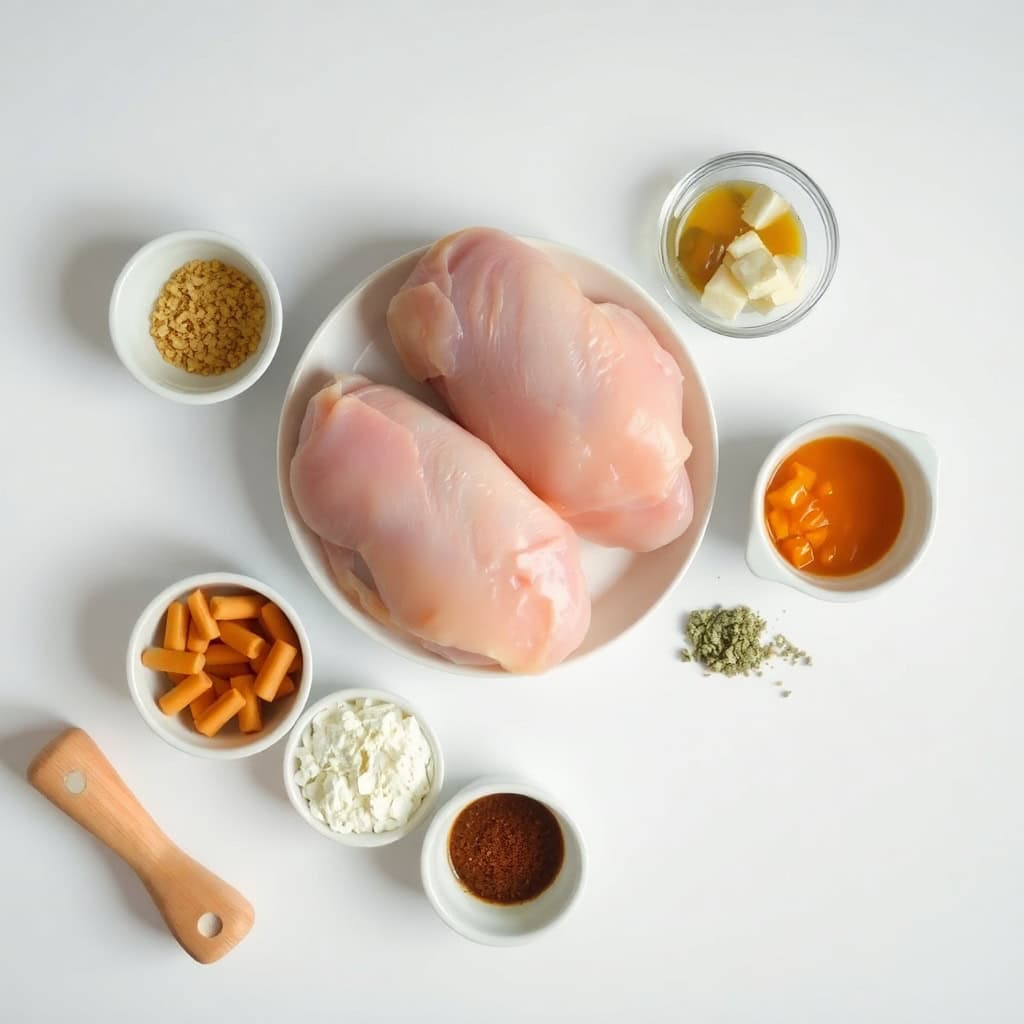 Cream cheese chicken ingredients arranged on white surface with raw chicken breasts and seasonings.