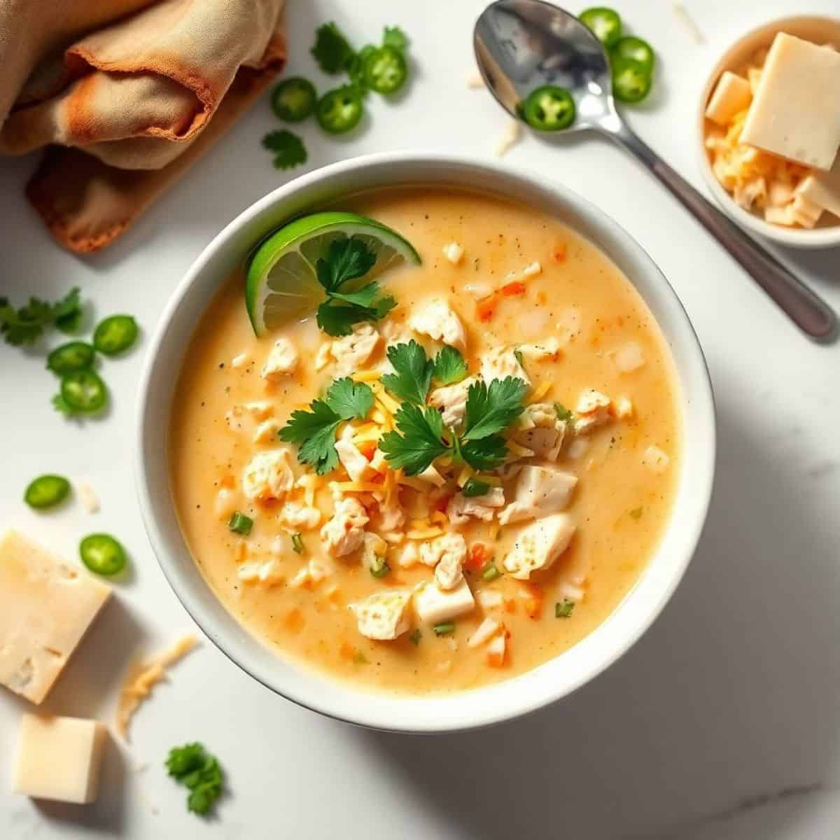Creamy chicken and jalapeño soup garnished with cilantro, cheese, and jalapeño slices in white bowl.