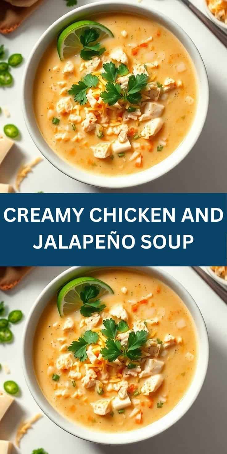 Creamy chicken and jalapeño soup in white bowl, garnished with cilantro, lime, and crispy tortilla strips.