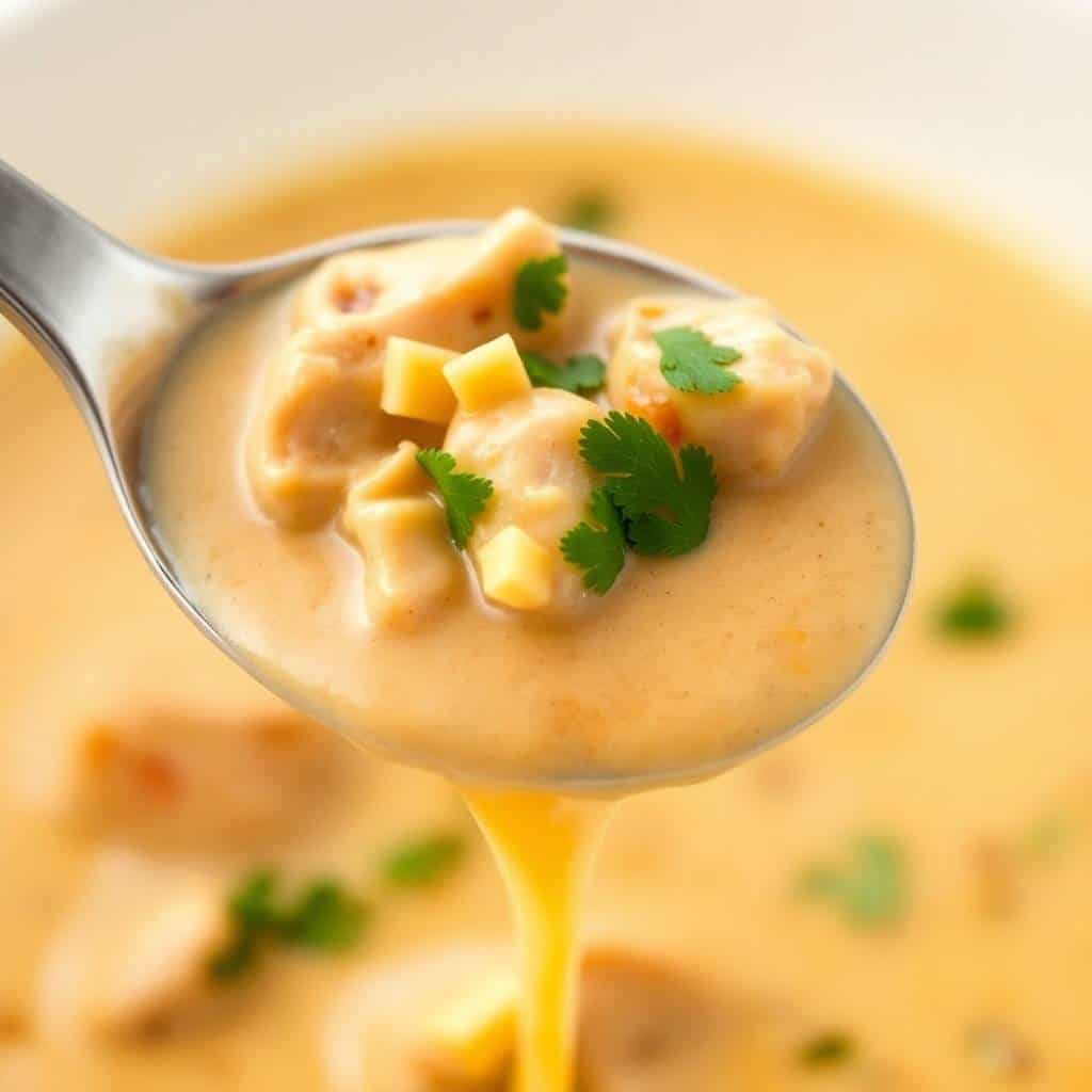 Creamy chicken and jalapeño soup with corn, garnished with cilantro, served on a spoon.