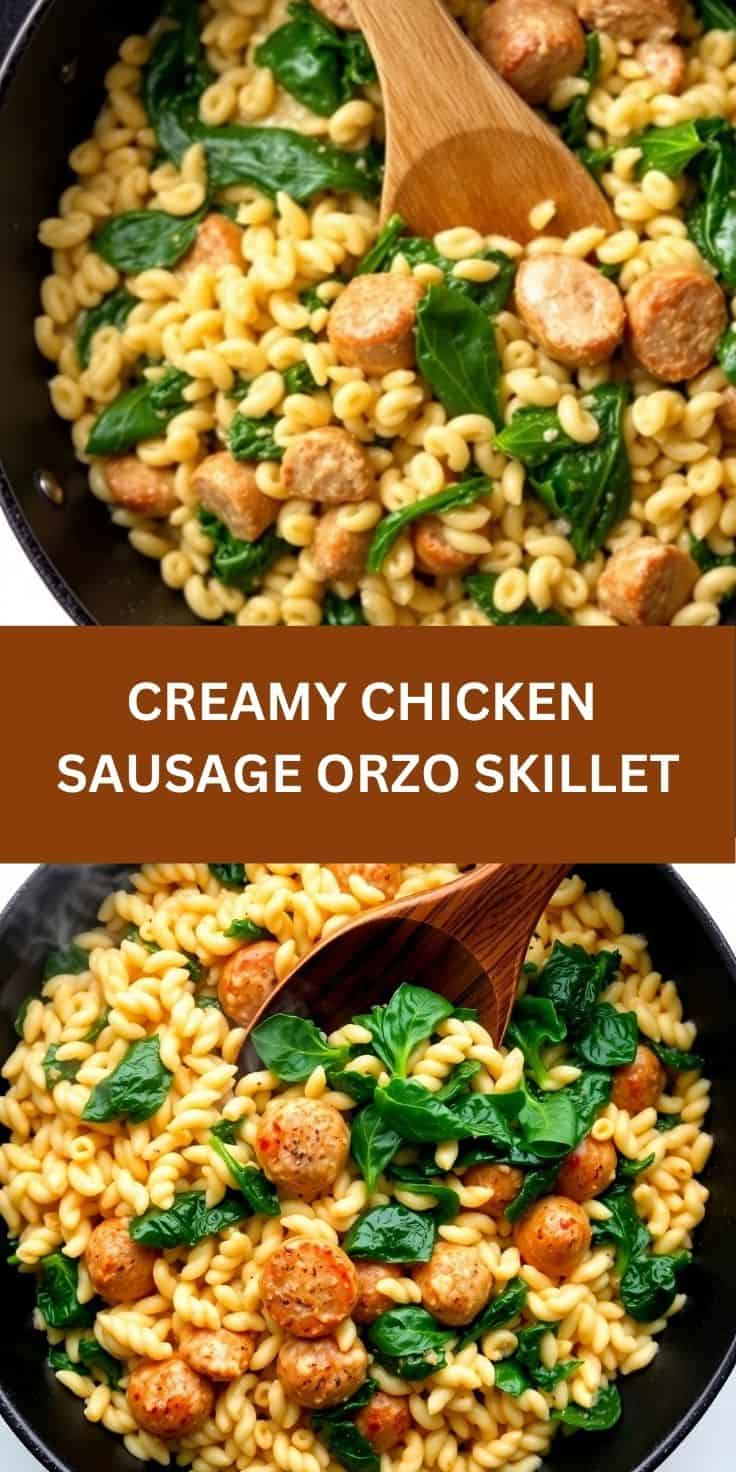 Creamy chicken sausage orzo skillet with sliced sausage, pasta, and fresh spinach in black pan.