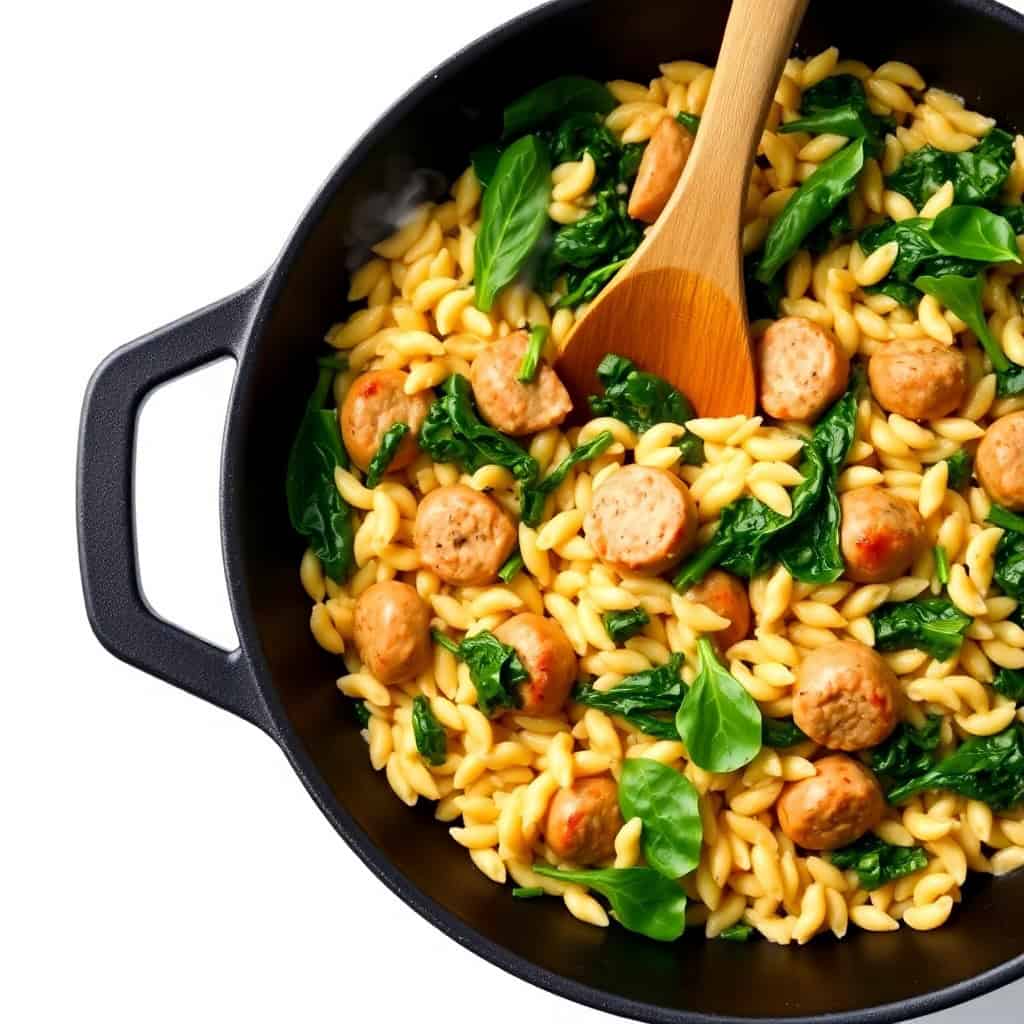 Creamy chicken sausage orzo skillet with spinach in black cast iron pan with wooden spoon.