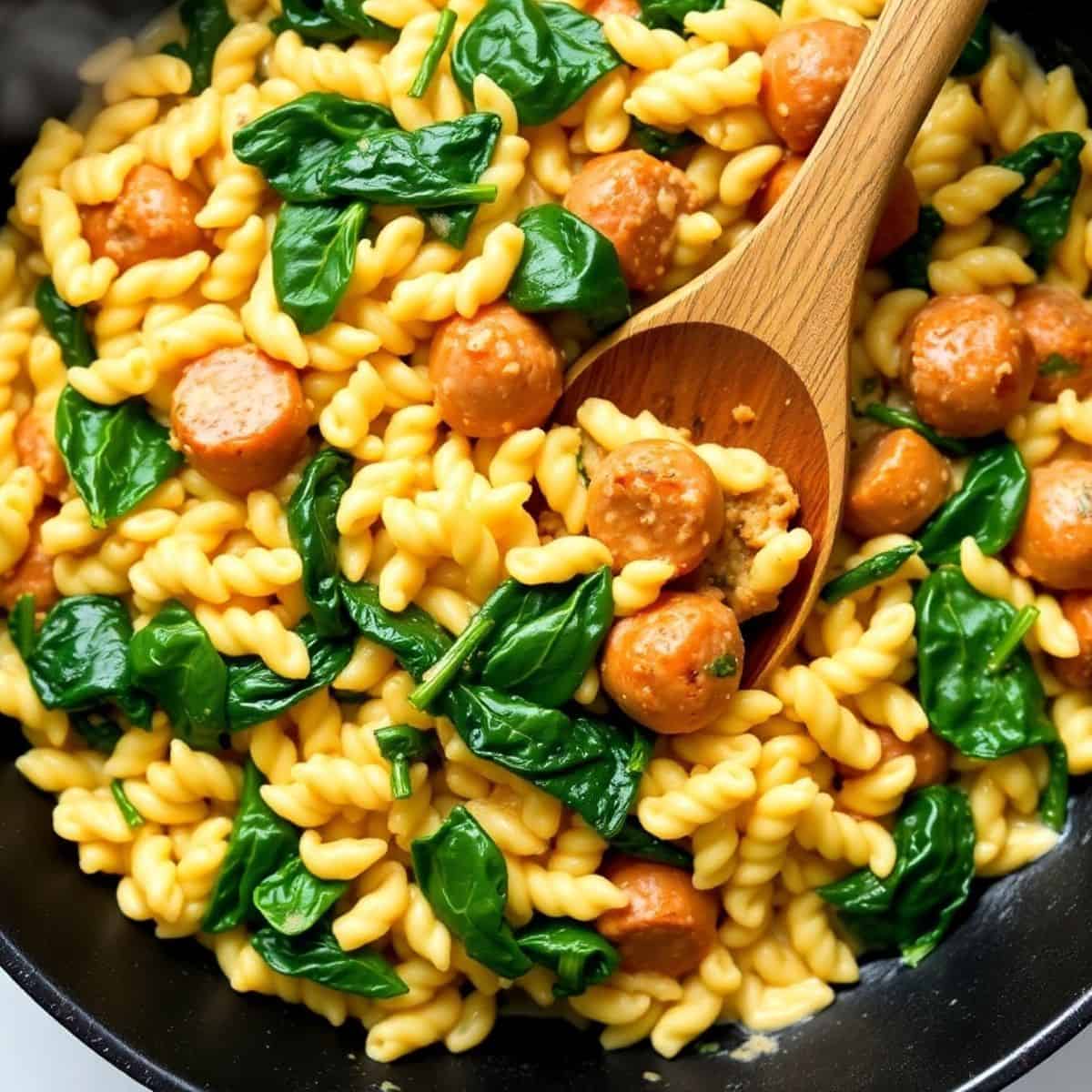 Creamy chicken sausage orzo skillet with golden pasta, sliced sausage, and fresh spinach in a dark pan.