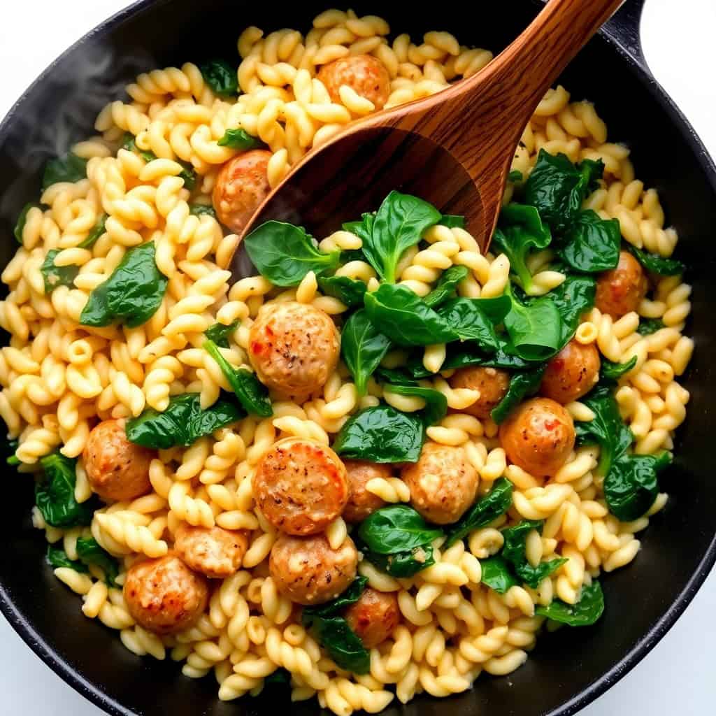 Creamy chicken sausage orzo skillet with browned sausage balls, pasta, and fresh spinach in black pan.