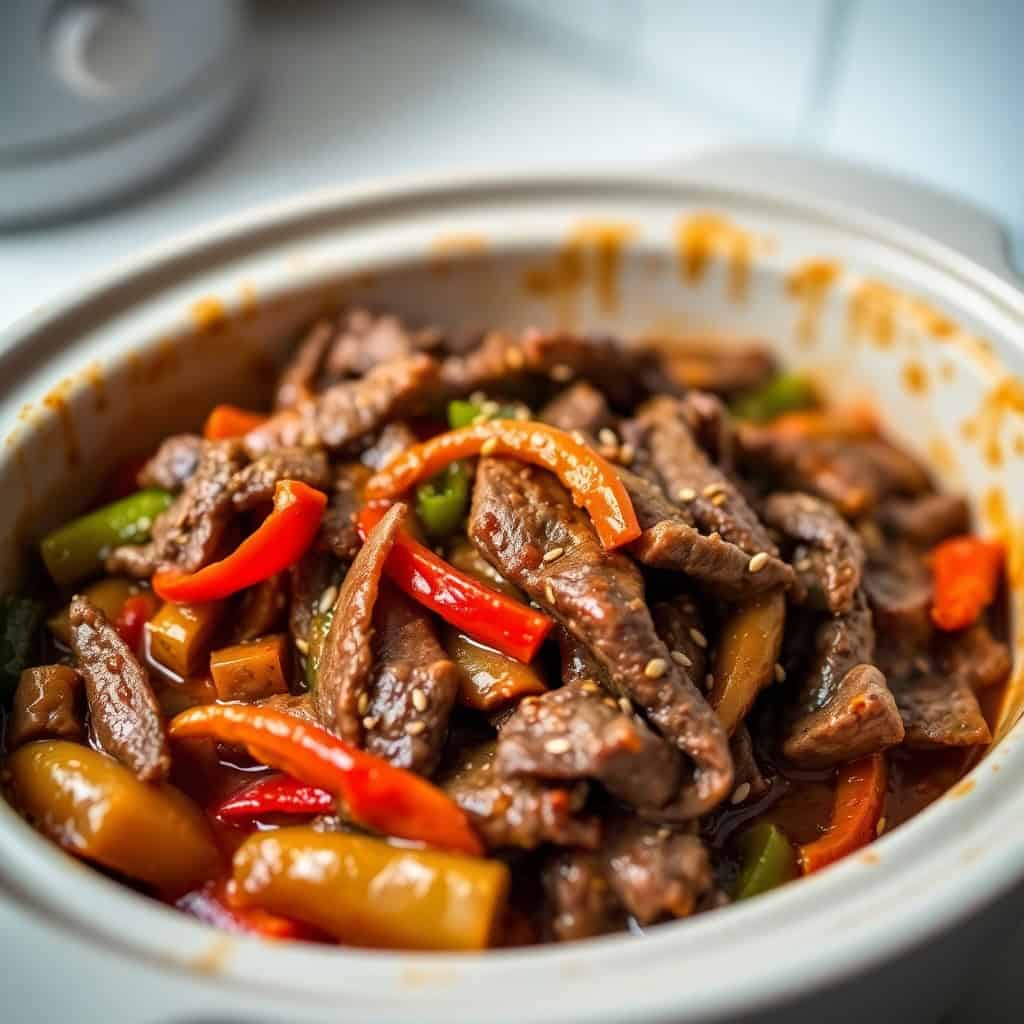 crock pot pepper steak with bell peppers in savory sauce