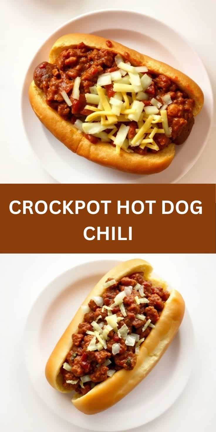 Two crockpot hot dog chilis topped with shredded cheese and diced onions on white plates.