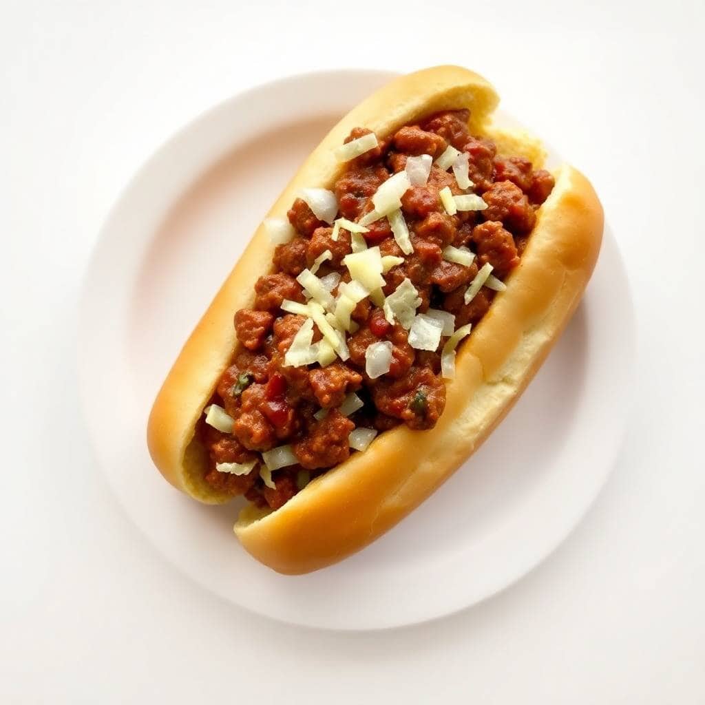 Crockpot hot dog chili topped with diced onions, served on a white plate.