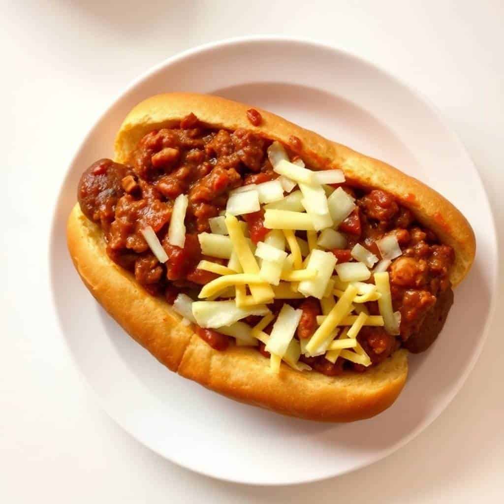 Hot dog topped with red chili, shredded cheddar cheese, and diced onions on white plate.