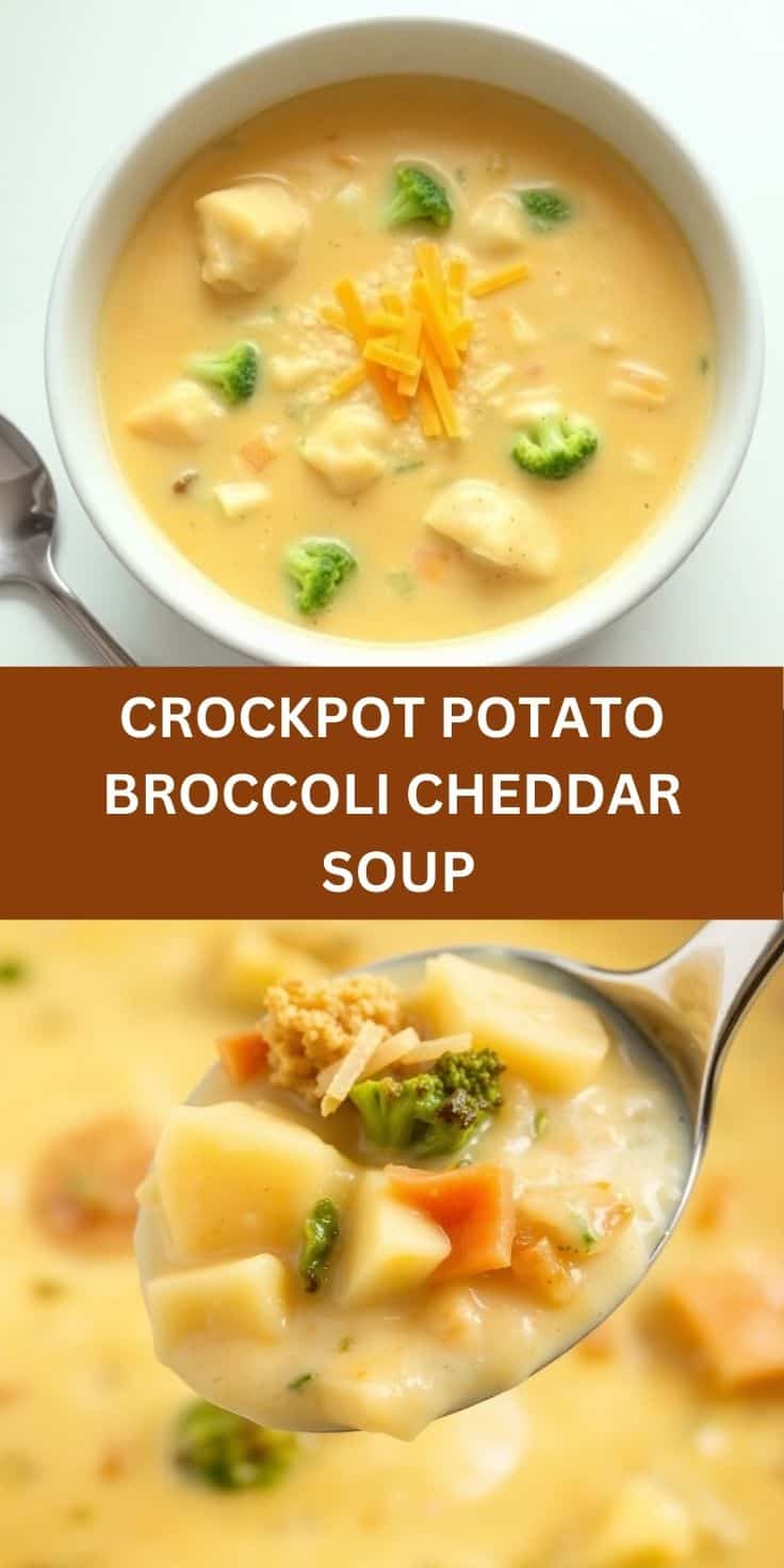 Creamy potato broccoli cheddar soup in white bowl, garnished with shredded cheese and broccoli florets.