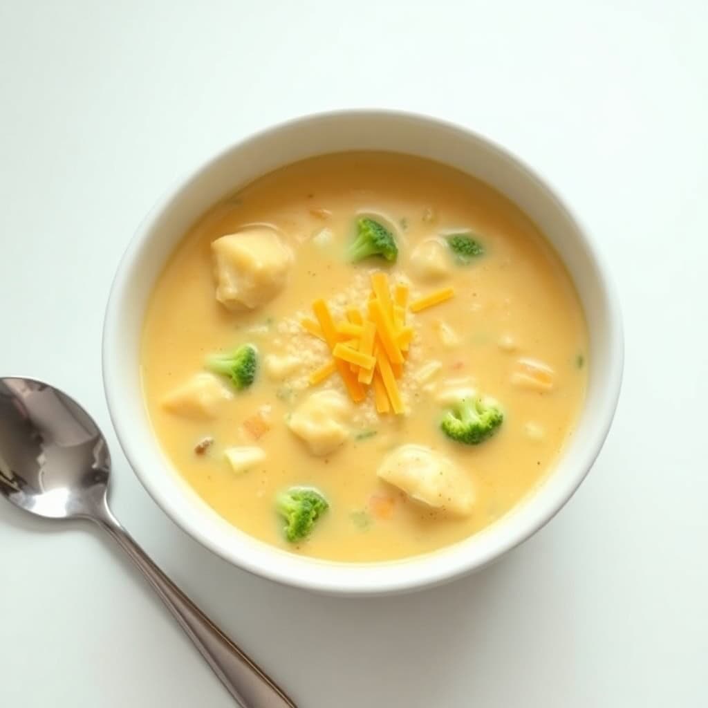Creamy potato broccoli cheddar soup in white bowl garnished with shredded cheddar and broccoli florets.