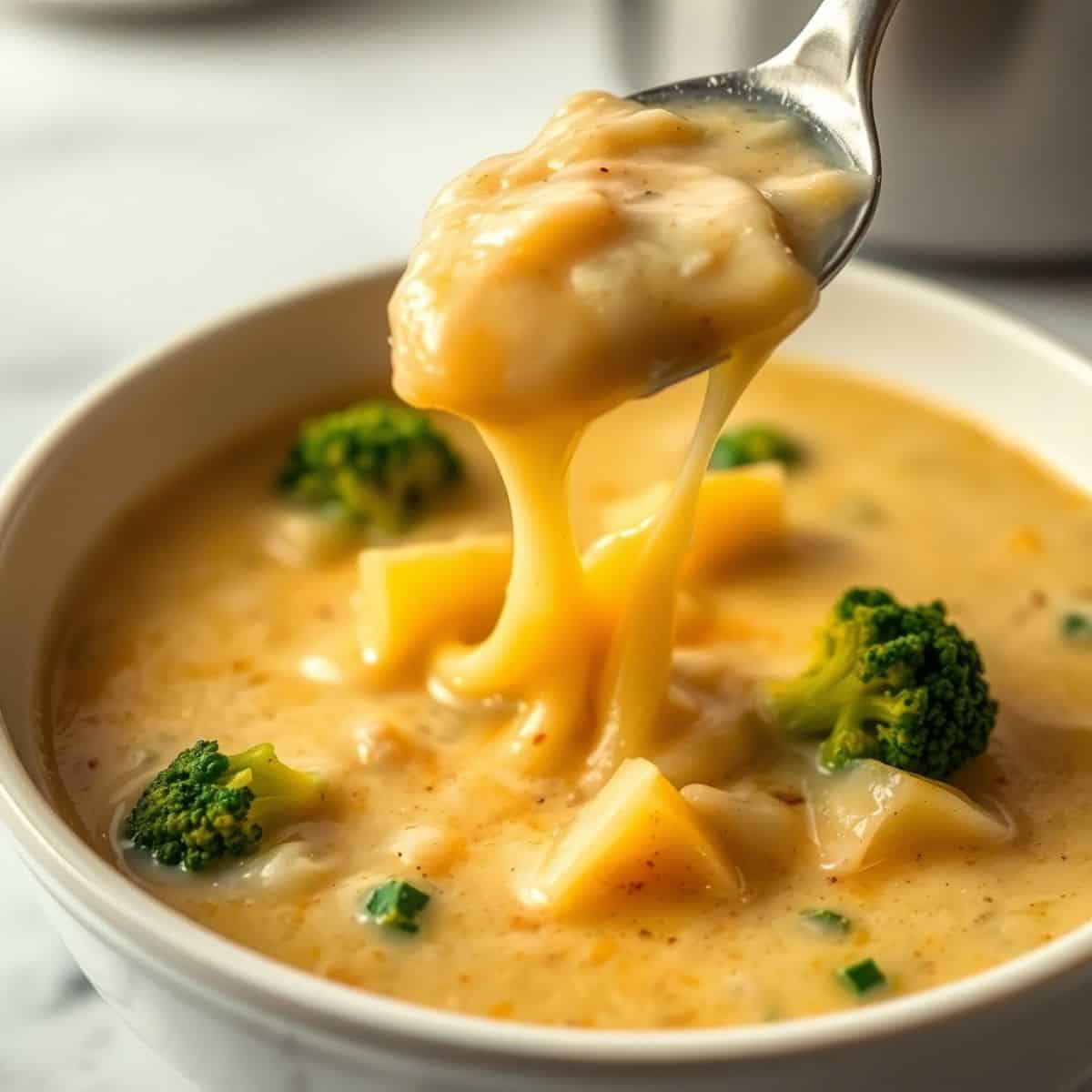 Creamy potato broccoli cheddar soup in white bowl with spoon drizzling sauce.
