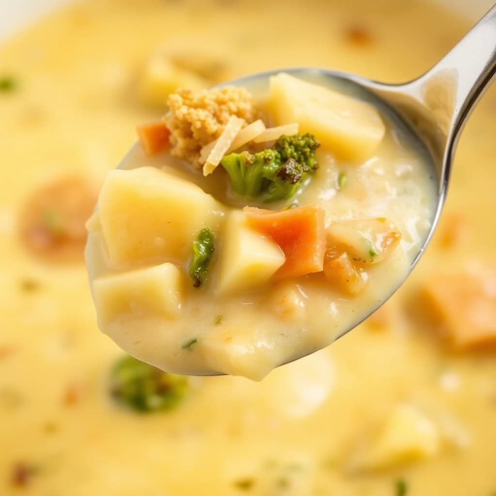 Creamy potato broccoli cheddar soup with vegetables on spoon over bowl.
