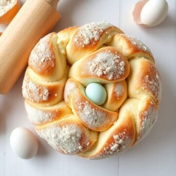 Easter bread with powdered sugar, braided loaf design, and pastel egg nestled in center.