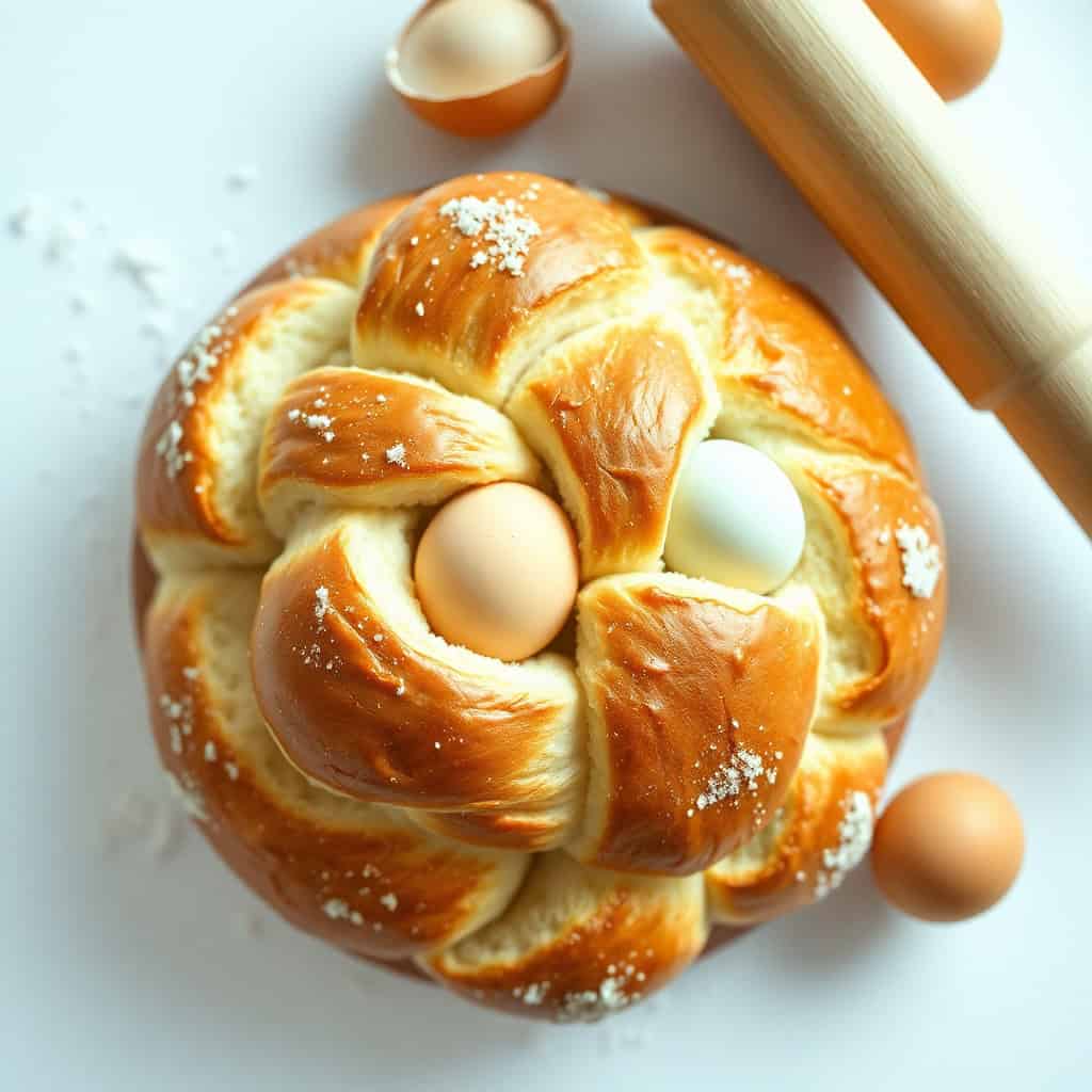 Golden-brown Easter bread braided loaf with whole eggs nestled in center, dusted with coarse sugar.