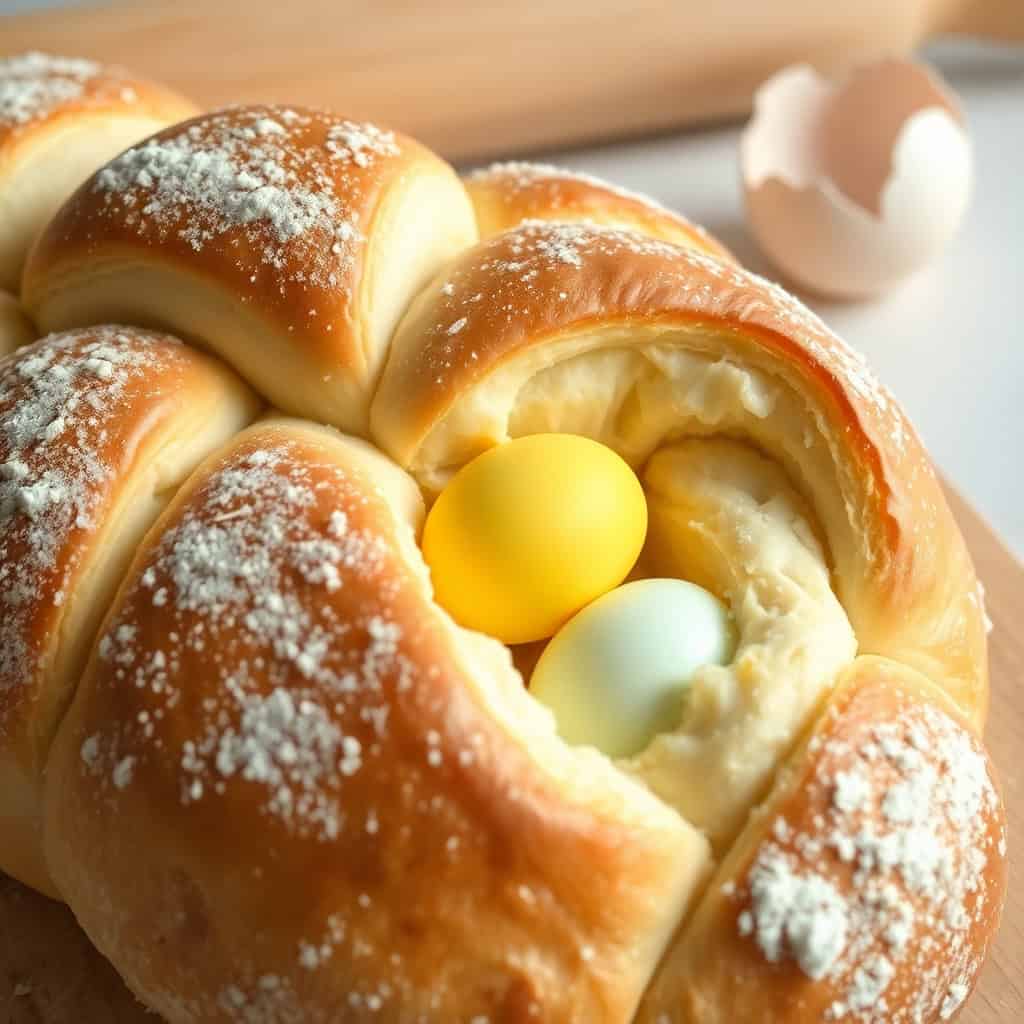Easter bread braided loaf dusted with powdered sugar, decorated with colored eggs nestled in center.