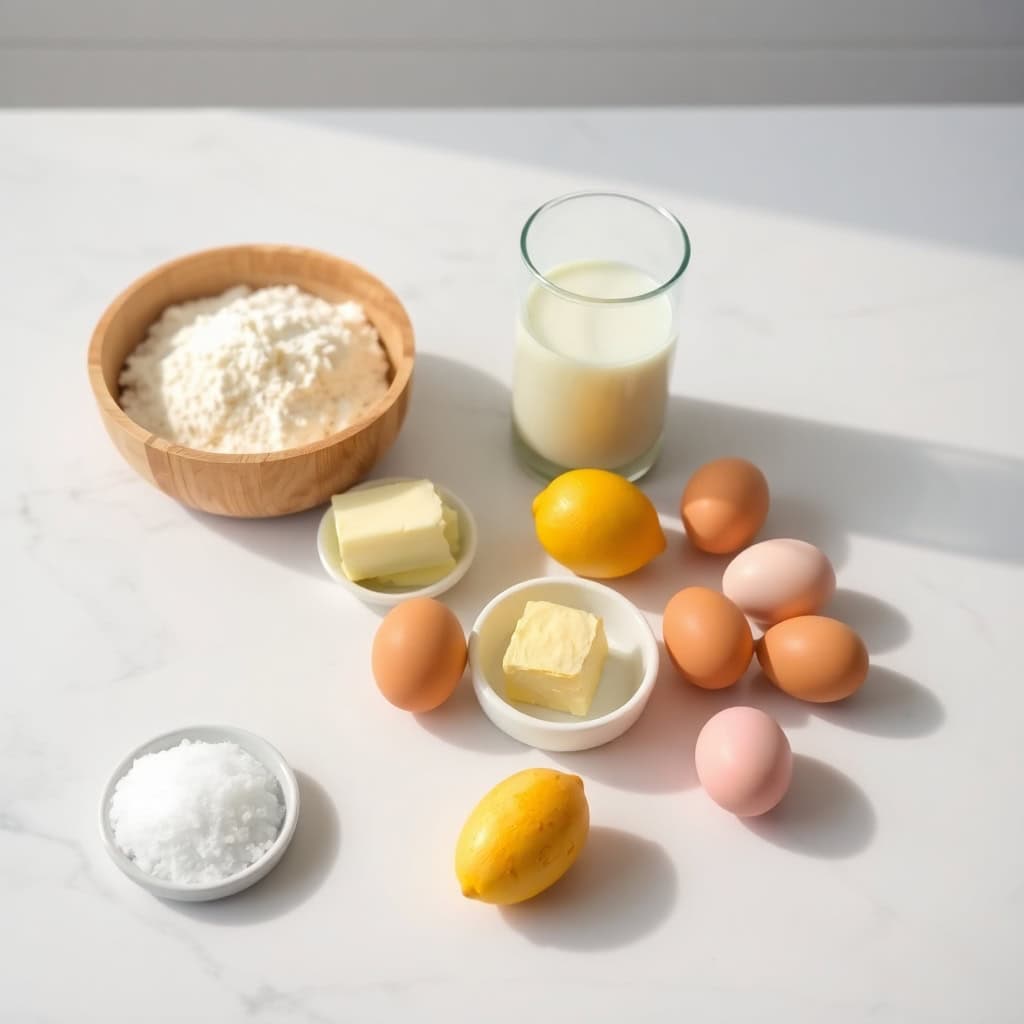 Ingredients for Easter bread arranged on white marble: flour, butter, eggs, milk, lemon, and salt.