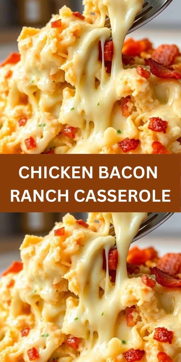 Chicken bacon ranch casserole with melted cheese stretching from a fork, showing pasta, bacon bits, and herbs.