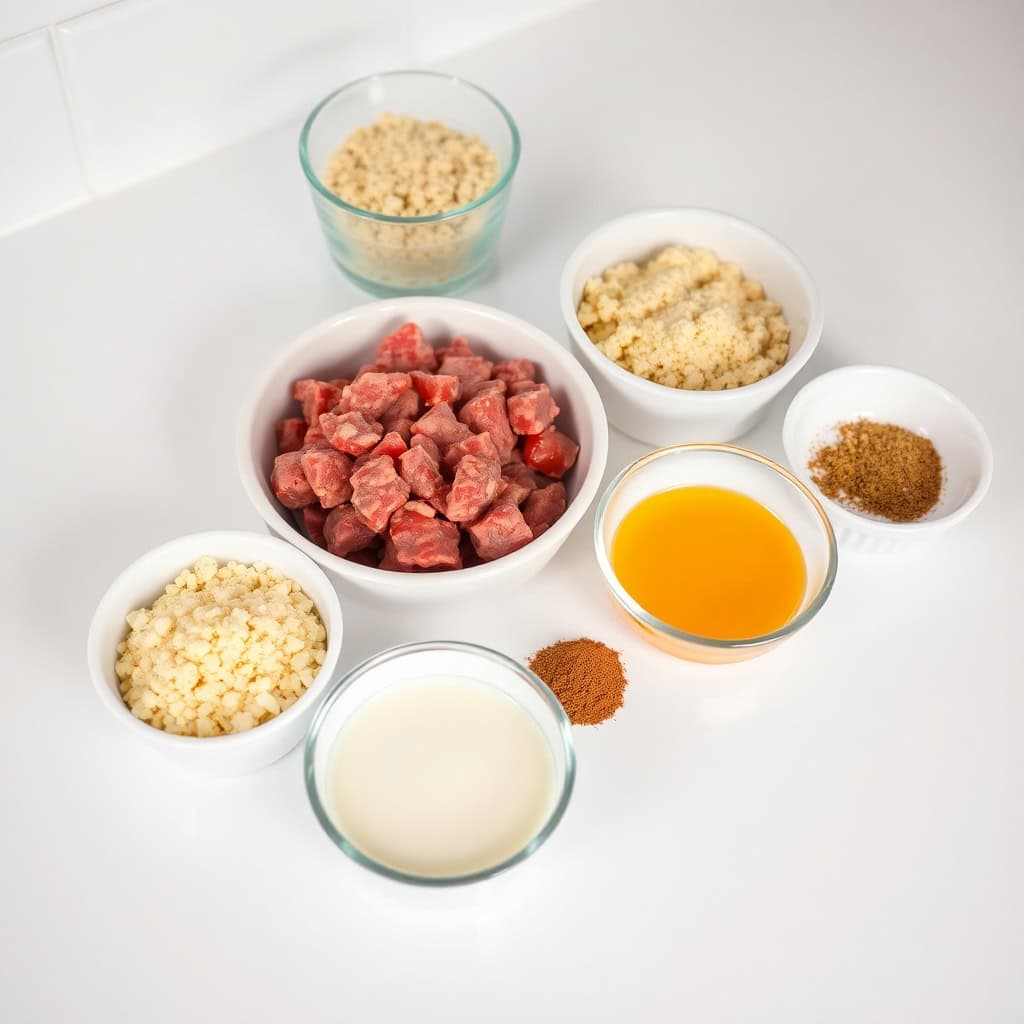 Cranberry meatball ingredients arranged in white and glass bowls on white surface.