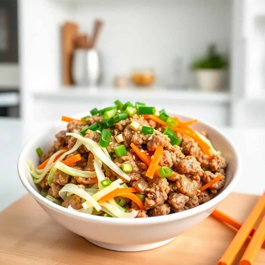 Egg roll in a bowl served in white dish with ground meat, vegetables, and green onion garnish.