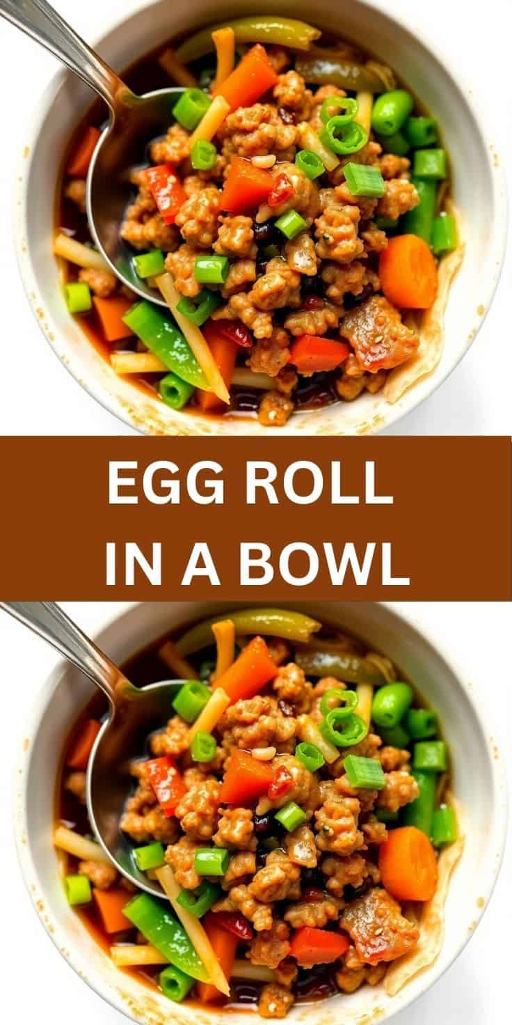 Egg roll in a bowl with ground meat, vegetables, and green onions served in white bowls with spoons.