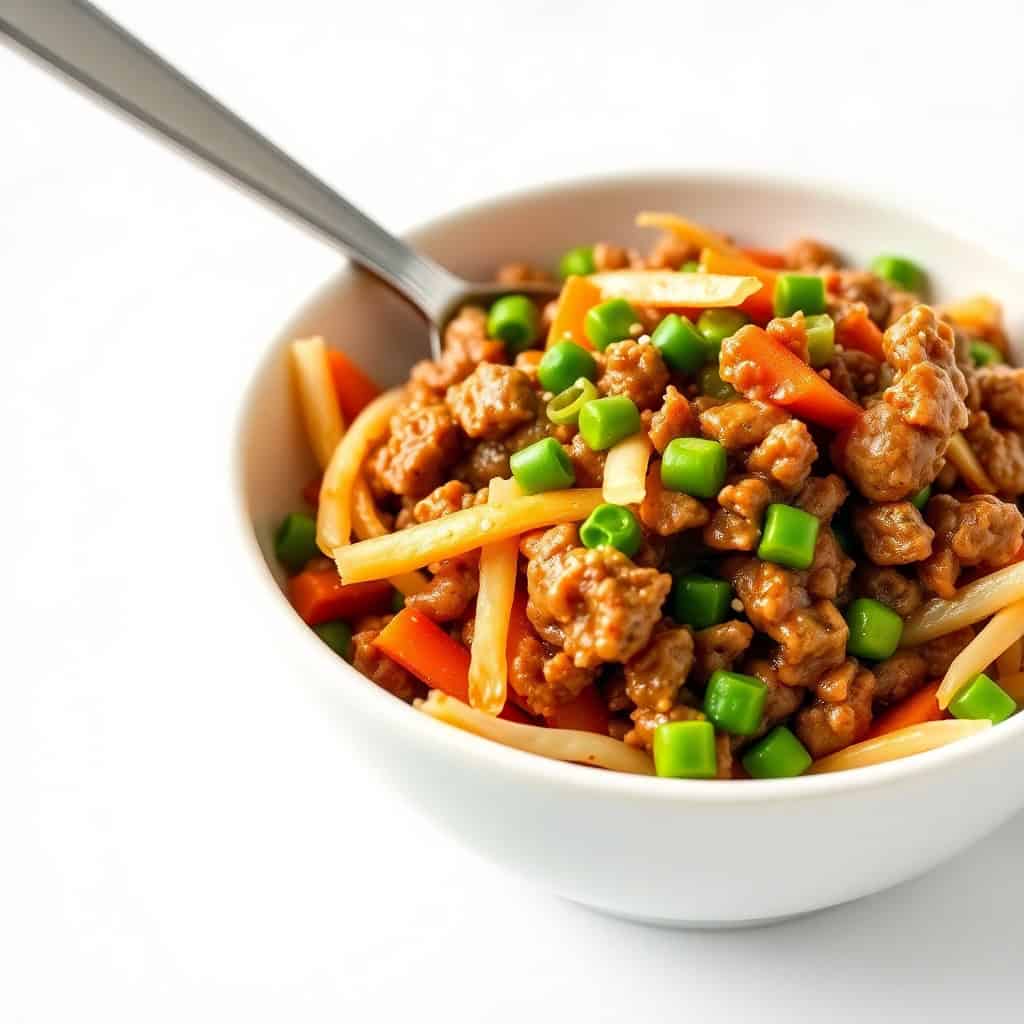 Egg Roll in a Bowl served in white ceramic dish with ground meat, noodles, peppers, and green onions garnish.