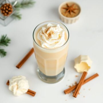 Eggnog milkshake in tall glass topped with whipped cream, cinnamon, cinnamon sticks, and festive garnishes.