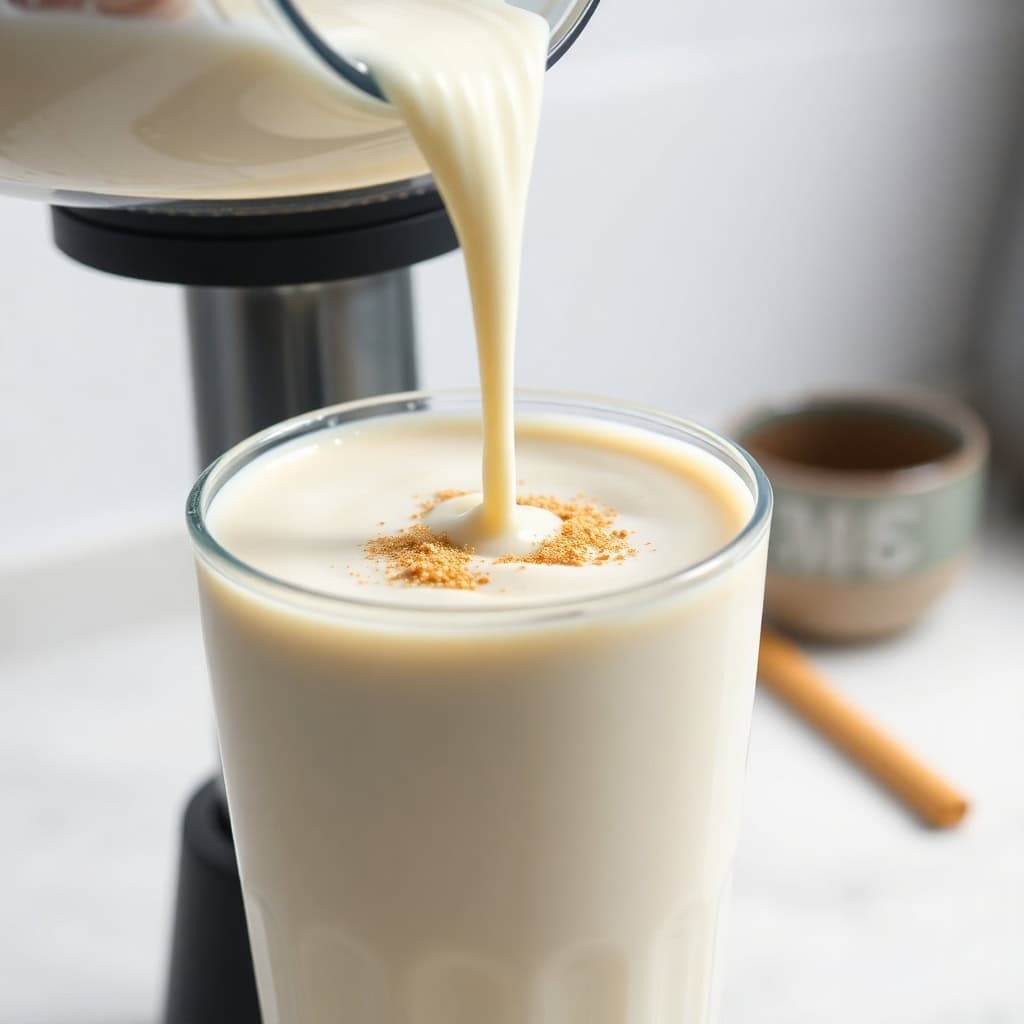 Creamy eggnog milkshake being poured into a glass, topped with cinnamon powder and a cinnamon stick.