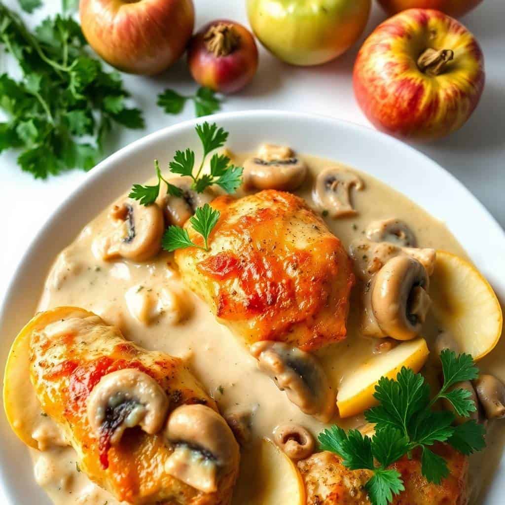 French Chicken Casserole à la Normande with mushrooms, apples, and creamy sauce, garnished with parsley.