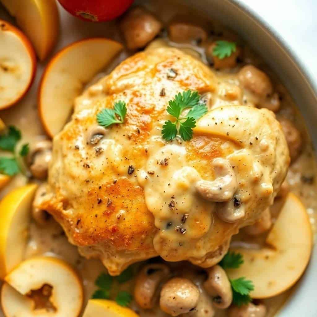 French Chicken Casserole à la Normande with mushrooms, apples, and fresh parsley in cream sauce.