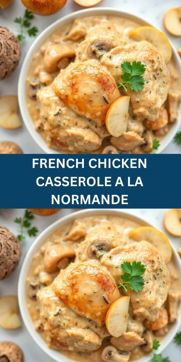French Chicken Casserole à la Normande in creamy sauce with mushrooms, apples, and parsley garnish.