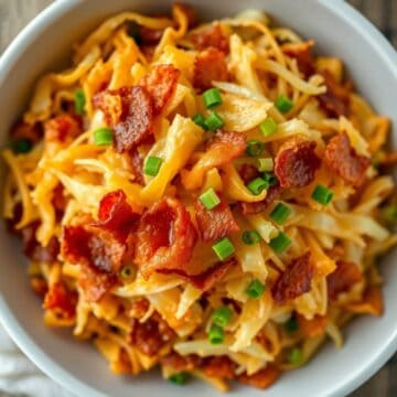Fried cabbage with bacon, onions, and garlic garnished with green onions in a white bowl.