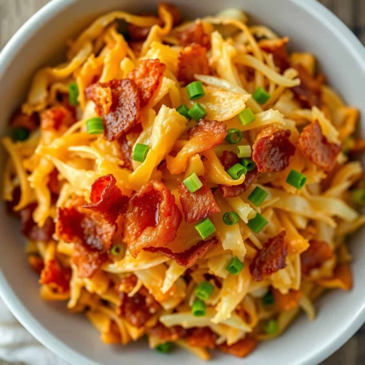 Fried cabbage with bacon, onions, and garlic garnished with green onions in a white bowl.