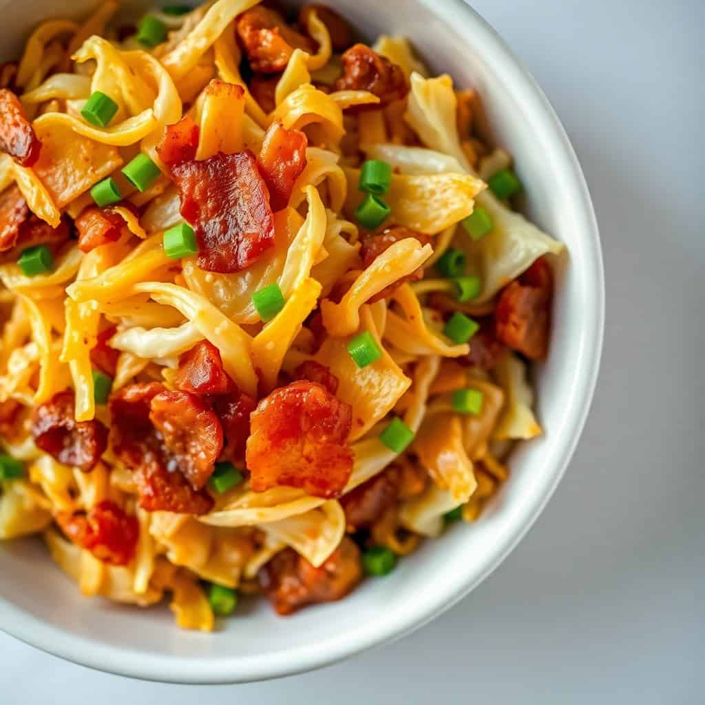 Fried cabbage with bacon, onions, and green onions garnish served in white bowl.