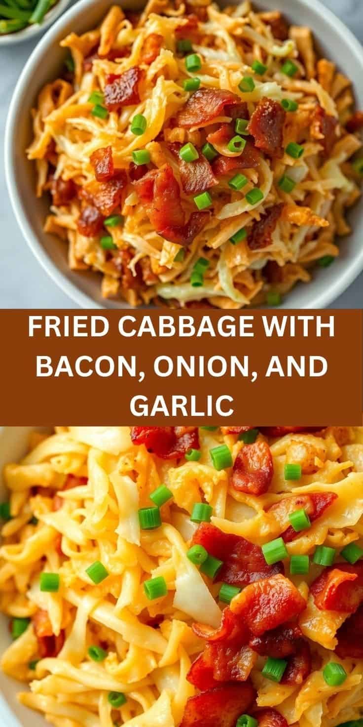 Fried cabbage with bacon, onion, and garlic garnished with green onions in a white bowl.