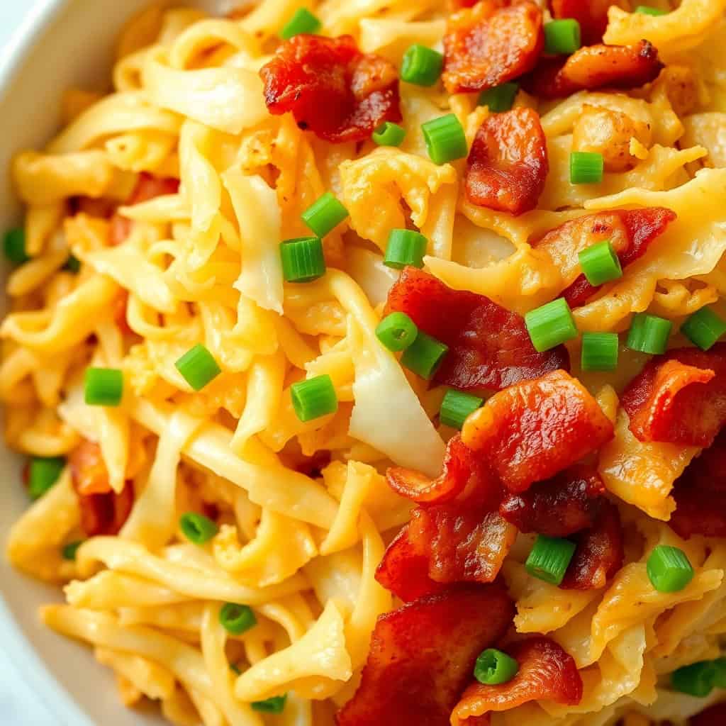 Crispy fried cabbage with bacon pieces and green onion garnish served on a white plate.