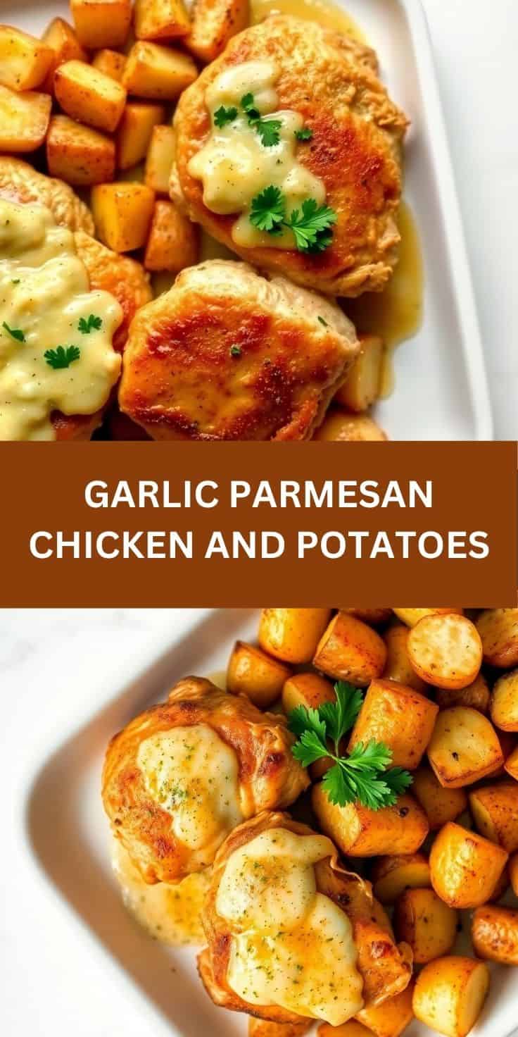 Garlic Parmesan chicken breasts with roasted potato cubes garnished with fresh parsley on white plates.