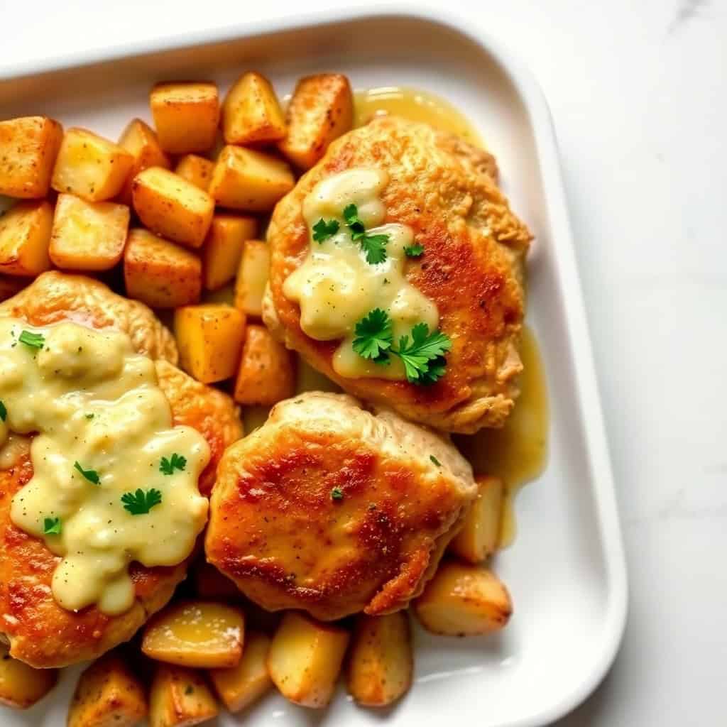 Garlic Parmesan chicken breasts with roasted potatoes, topped with creamy sauce and fresh parsley on white plate.