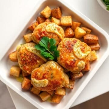 Garlic Parmesan chicken and roasted potatoes served on white rectangular plate, garnished with parsley.