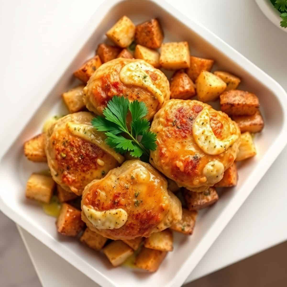 Garlic Parmesan chicken and roasted potatoes served on white rectangular plate, garnished with parsley.