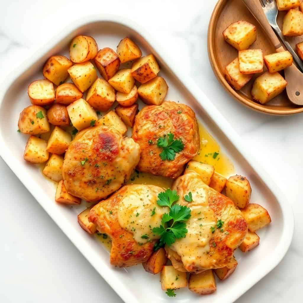 Garlic Parmesan chicken and roasted potatoes garnished with parsley on a white rectangular platter.